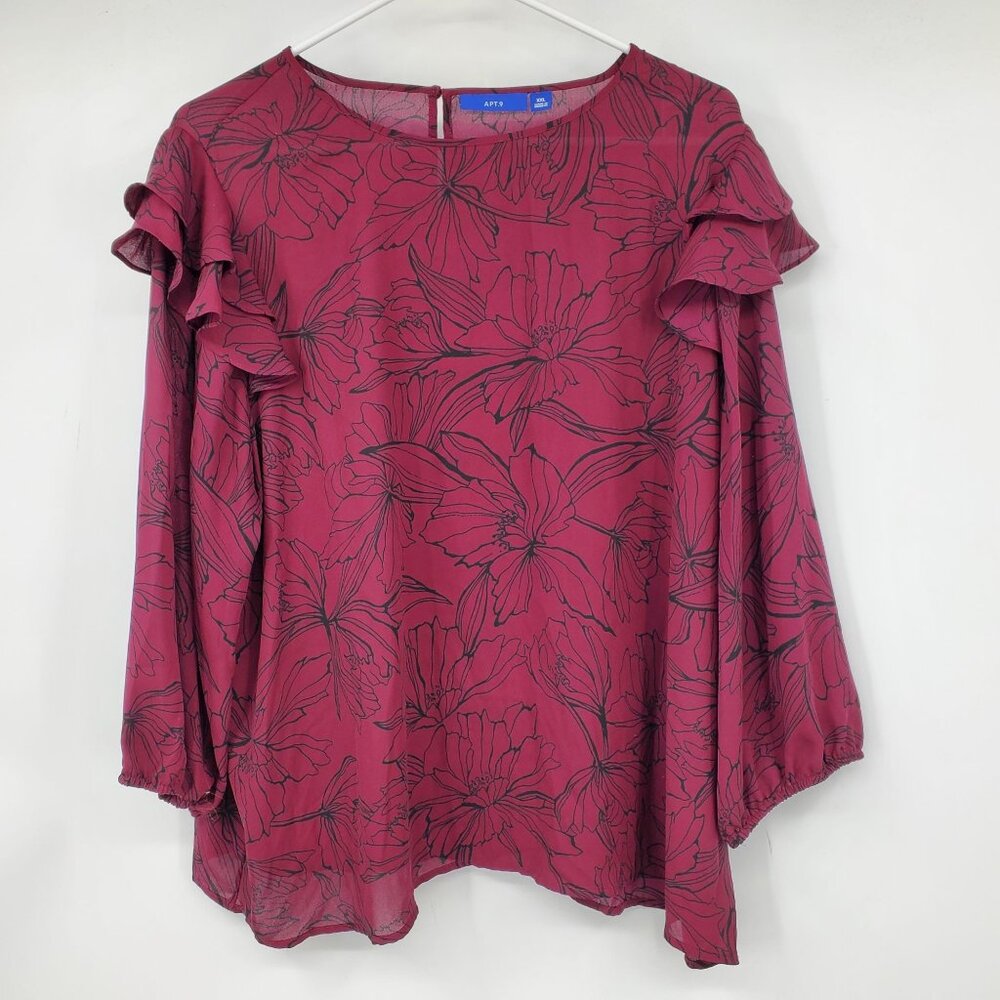 Apt 9 Burgundy and Black Ruffle Sleeve Women's Floral‎ Print Blouse Shirt XXL